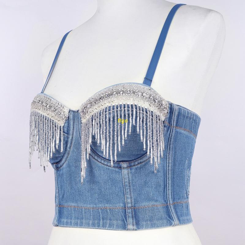 Áo Nịt Ngực Denim Đính Đá Tua Rua Quyến Rũ Dành Cho Nữ