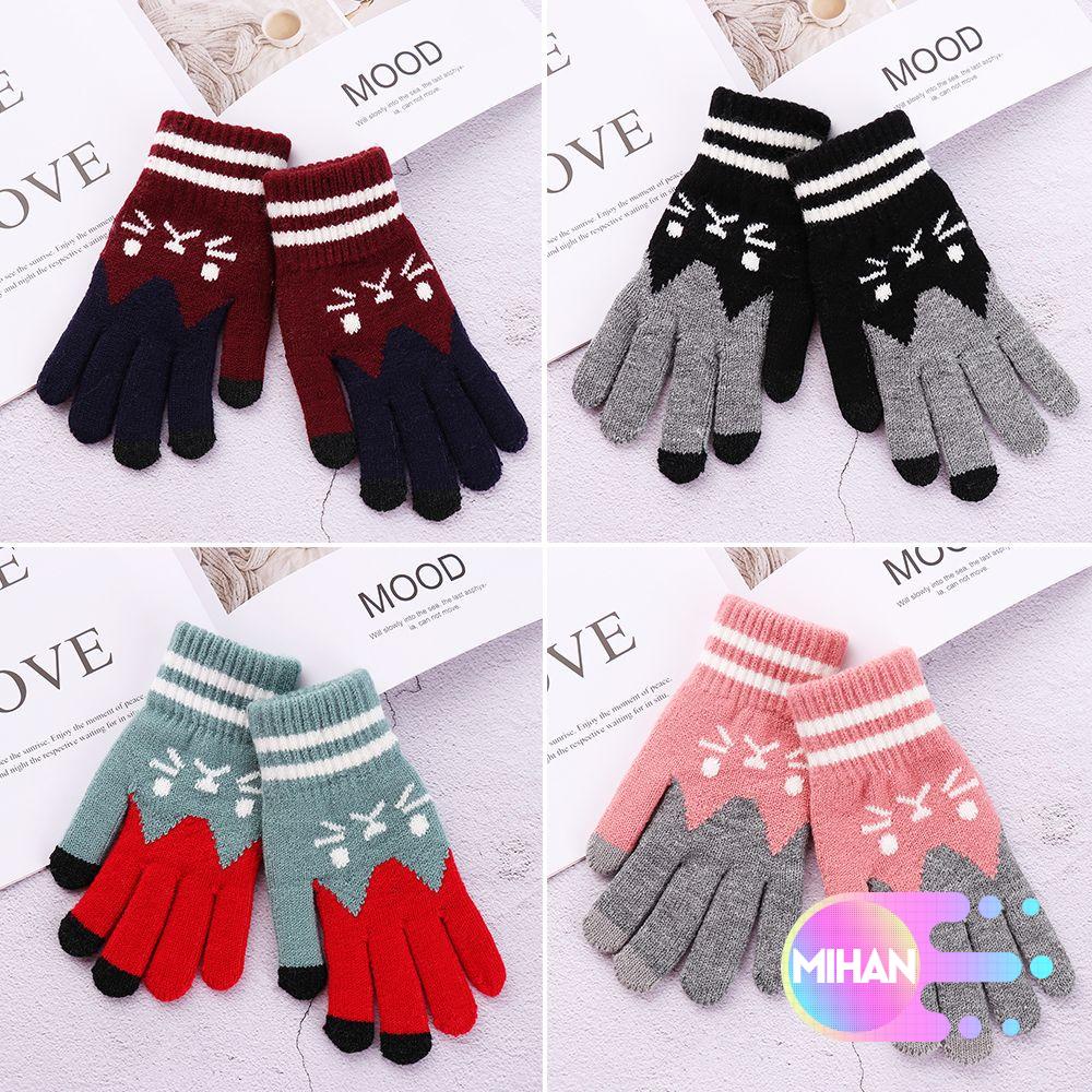 Đôi găng tay vải len dệt kim MIHAN1 giữ ấm họa tiết cô mèo dễ thương chạm được màn hình cảm ứng