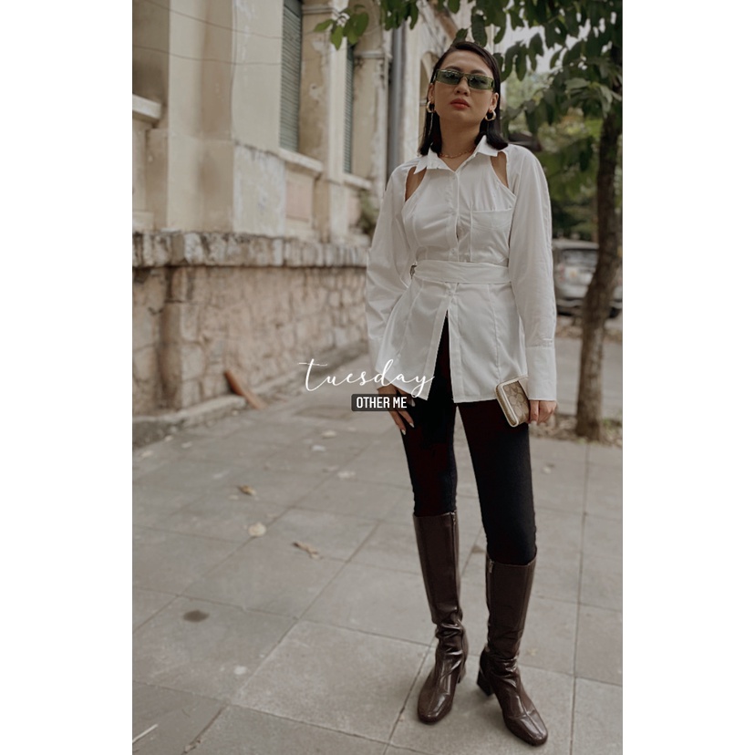 Kimiko white tie shirt áo sơ mi trắng xẻ lưng dài tay | BigBuy360 - bigbuy360.vn