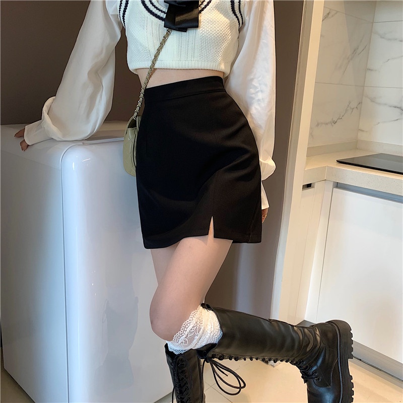 QADCOL Chân váy chữ A lưng cao phong cách Hàn Quốc