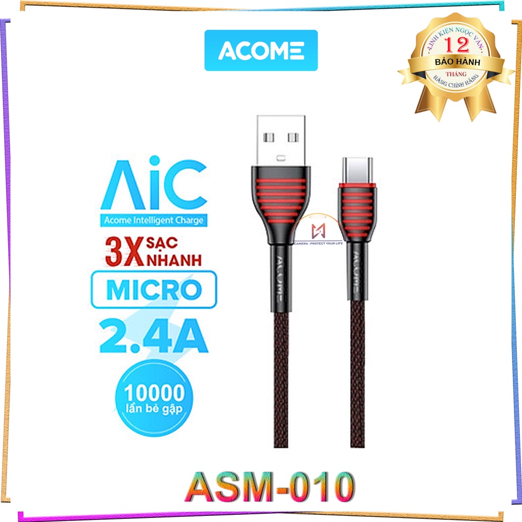 Dây Cáp Sạc Nhanh 3A  ACOME ASM-010 - Cổng Micro -  Dây Dù  - Hàng Chính Hàng