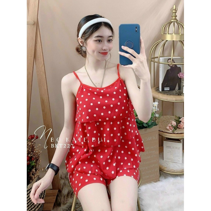 Đồ ngủ áo 2 dây 3 tầng vải lụa hàn họa tiết chấm bi siêu xinh freesize dưới 57kg
