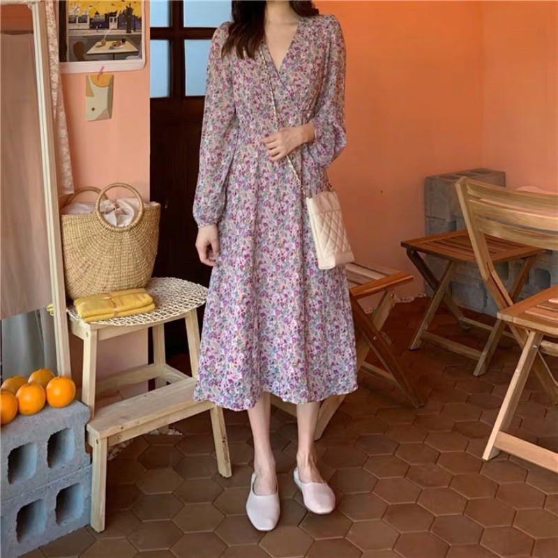 Váy hoa nhí vintage cổ chéo dài tay Ulzzang VKE 9101 🌸 Hàng Quảng Châu(ảnh cuối shop tự chụp) | BigBuy360 - bigbuy360.vn