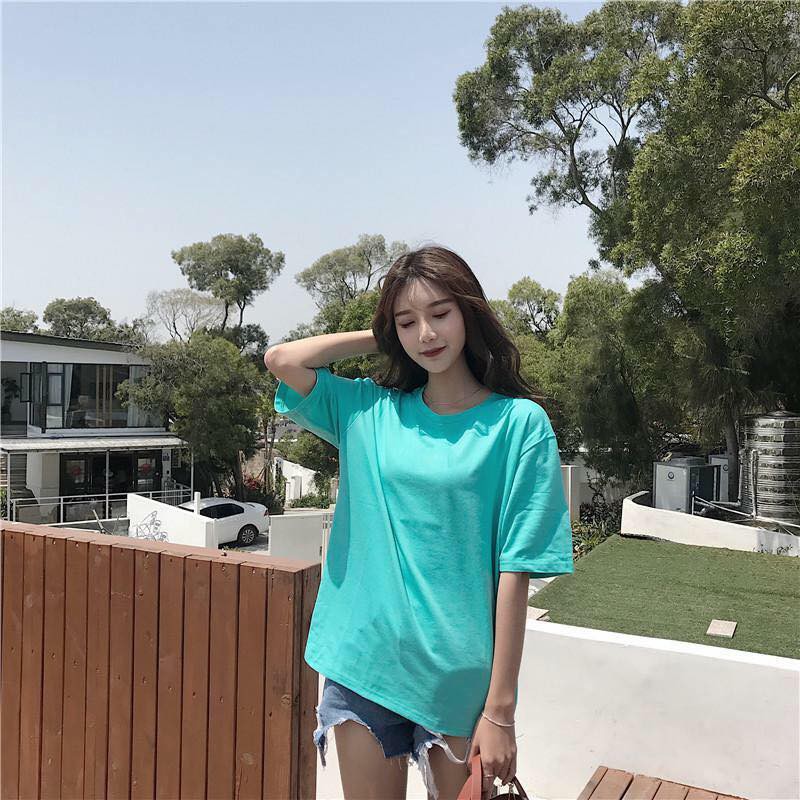 Áo thun nam nữ form rộng VHL, áo phông tay lỡ trơn màu Xanh Ngọc