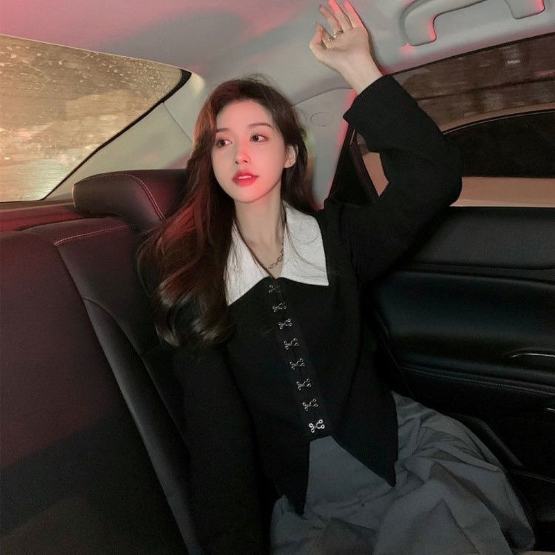 Áo Sơ Mi Tay Dài Cổ POLO Màu Sắc Tương Phản Phong Cách Retro Thời Trang Mùa Xuân 2022 Cho Nữ