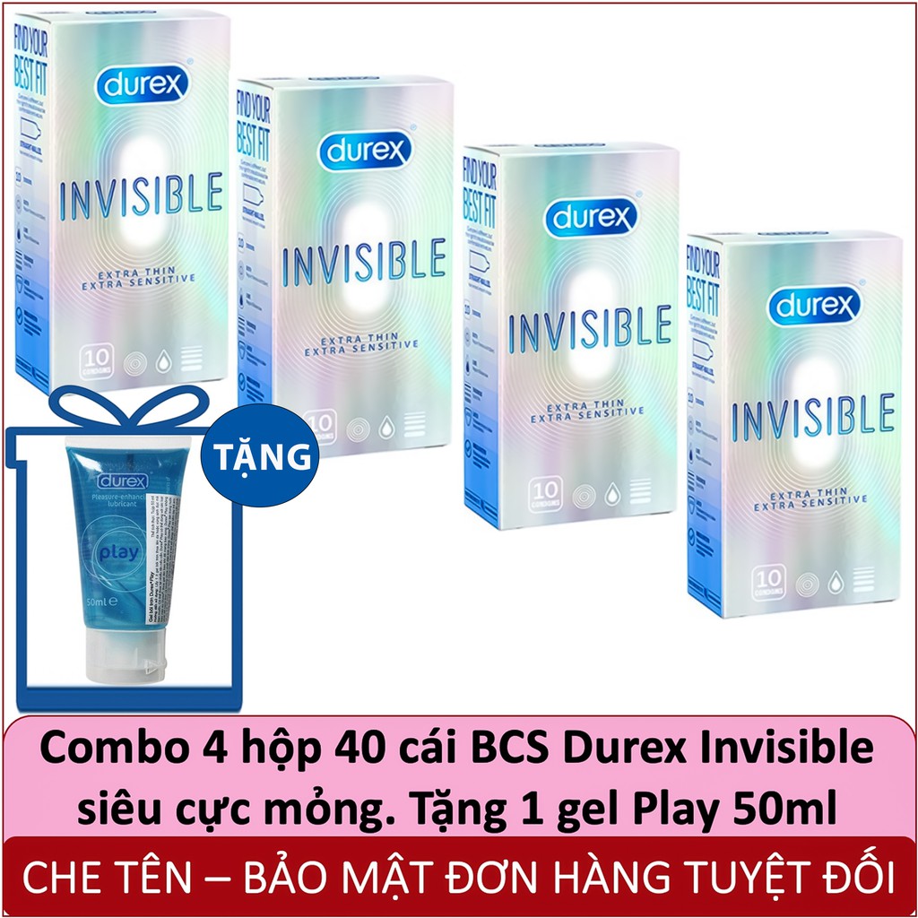 [FREE SHIP] Combo 4 Hộp 40 Bao Cao Su SIÊU CỰC MỎNG Durex INVISIBLE + 1 tuýt gel bôi trơn Durex Play