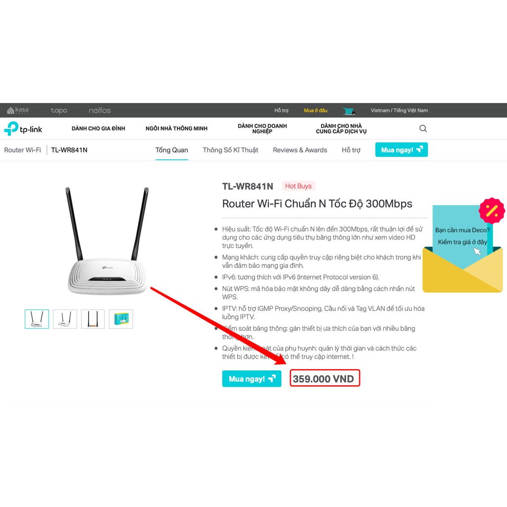 TP-Link N 300Mbps Bộ phát wifi không dây (Thiết bị mạng) - TL-WR841N (Tiếng Việt) - Hàng Chính Hãng