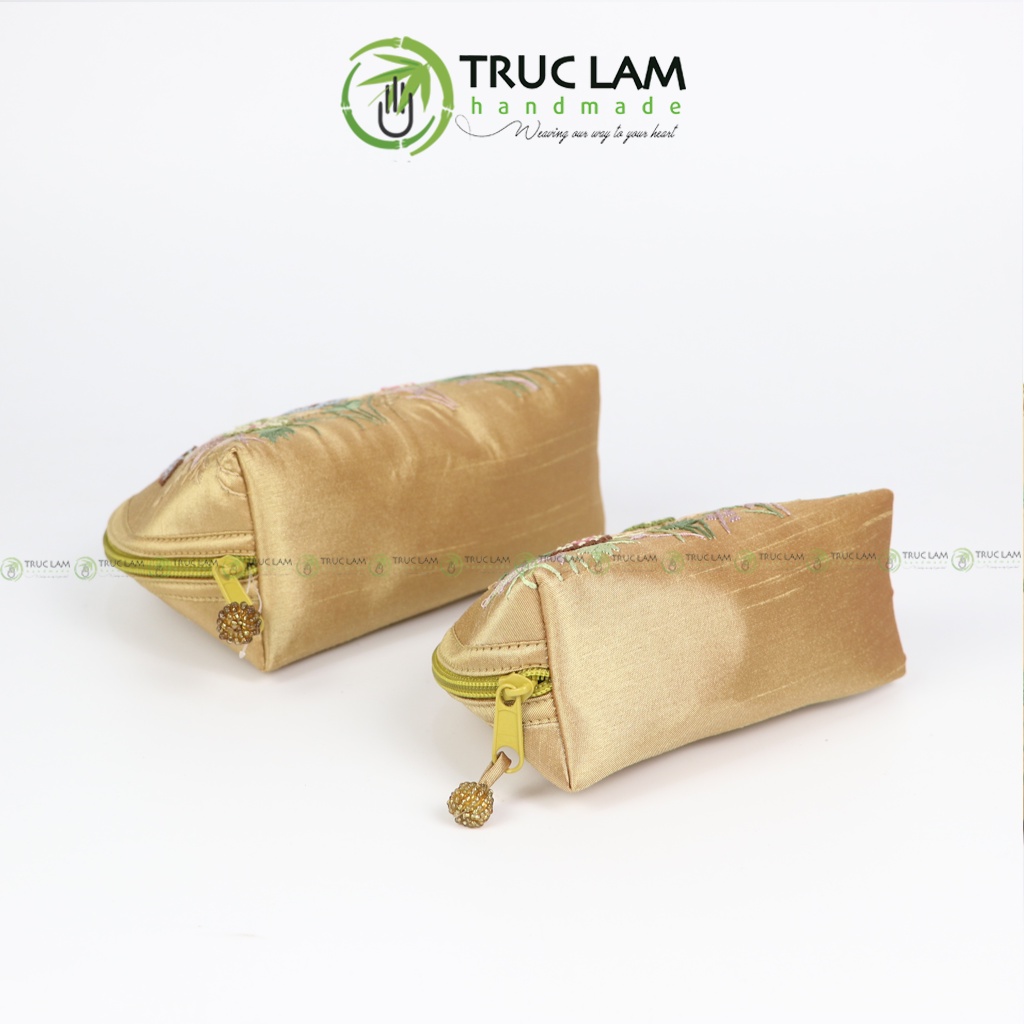Ví Cầm Tay Nữ Ví Sò Vải Tafta Họa Tiết Hoa Cỏ Thêu Tay 2 Mặt Set 2 Chiếc - Trúc Lâm Handmade