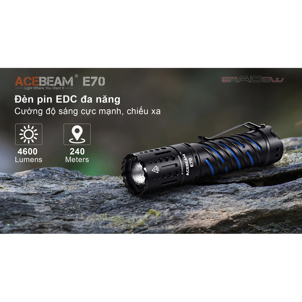 [ĐÈN PIN SIÊU SÁNG]  ACEBEAM E70 sáng 4600lm chiếu xa 240m LED XHP70.2 dùng pin 21700 (kèm theo) sạc Type-C BH 5 năm