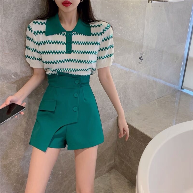 Set áo và quần sang trọng hàng thiết kế sọc dệt kim bong bóng áo thun nữ ngắn tay