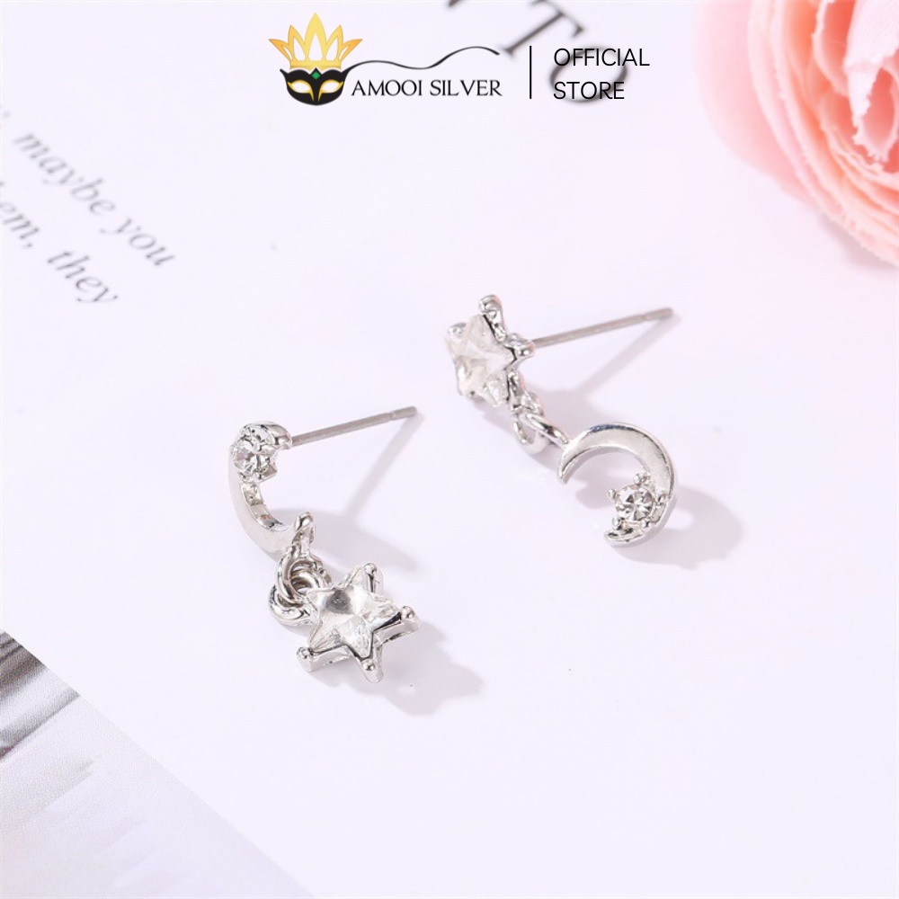 Bông Tai Bạc S925 Thiết Kế Hình Trăng Sao Bất Đối Xứng - Amooi Silver AB58