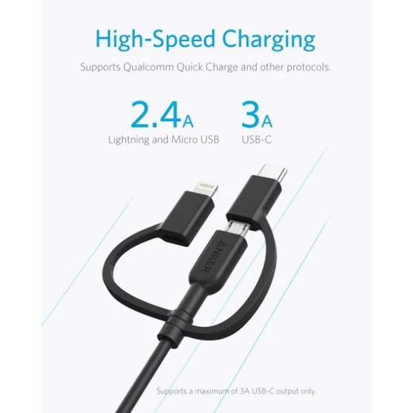 Cáp sạc 3 đầu ANKER PowerLine II MFi Lightning - USB TypeC-Micro USB 0.9m (3 in 1)-A8436