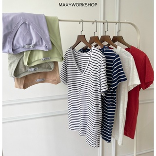 Áo thun cổ tim V neck basic tee Stripped White Maxy Workshop