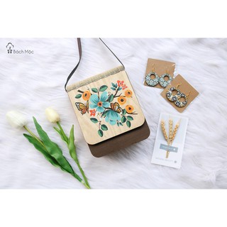 Túi xách gỗ Vintage hoa xanh - Túi Handmade Made in Việt Nam