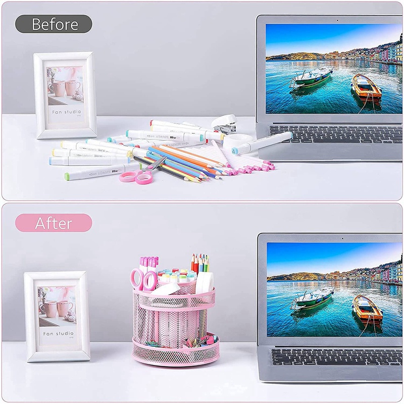 Cute Rotate Desk Organizer Mesh Desk Accessories Pen Holder Spinning Pencil Storage for School Office Supplies - Pink
