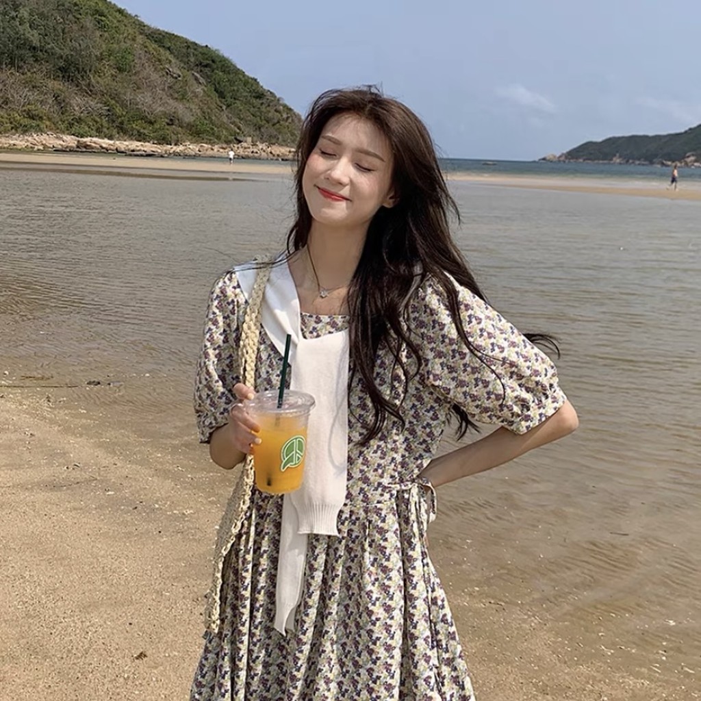 Váy hoa nhí thắt nơ sườn không kèm khăn Ulzzang style 🌸 Hàng Quảng Châu