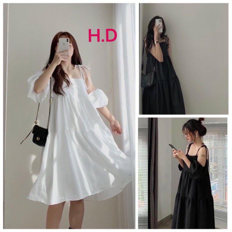 Váy hai dây babydoll  2 lớp có tay tháo rời mặc 4 kiểu🎀Đầm Maxi đi biển dáng dài Vintage tiểu thư