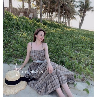ĐẦM MAXI 2 DÂY CARO PHỐI REN TM