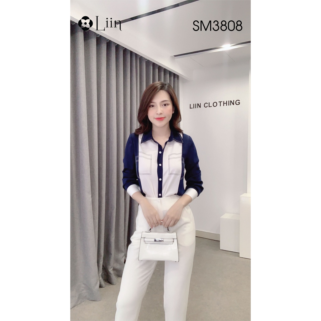 Áo Sơ Mi thiết kế cách điệu màu Trắng Xanh kiểu dáng trẻ trung, thanh lịch Liin Clothing SM3808