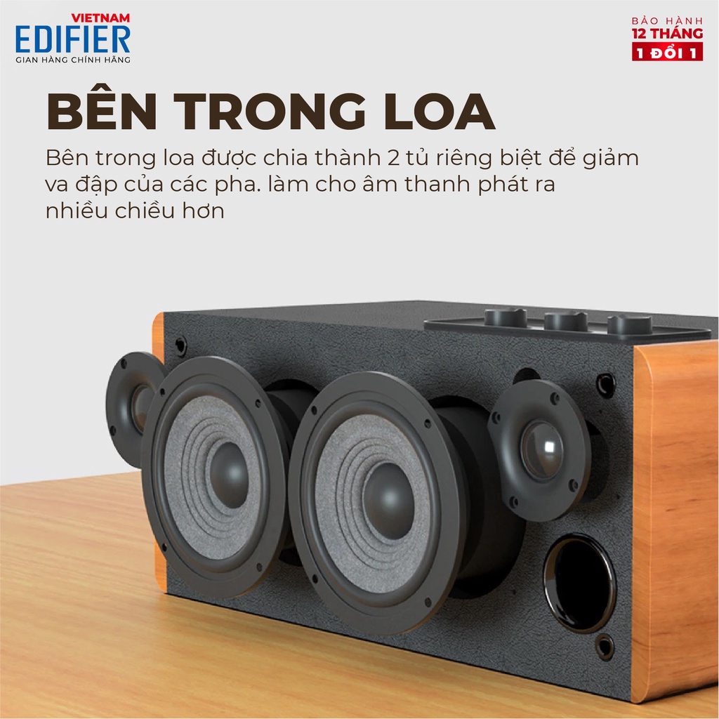 Loa Bluetooth 5.0 EDIFIER D12 Vỏ gỗ chống dội âm - Hỗ trợ AUX âm thanh nổi Stereo - Kèm remote điều khiển