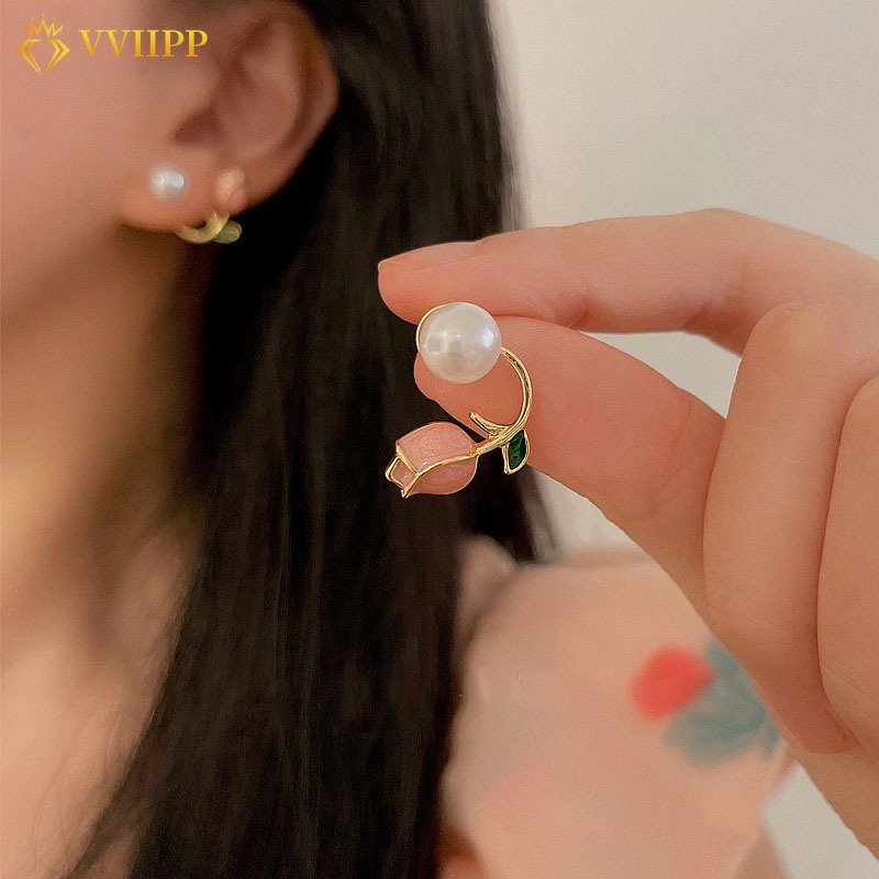 Bông Tai Hình Hoa Tulip Đính Ngọc Trai Thời Trang Cho Nữ