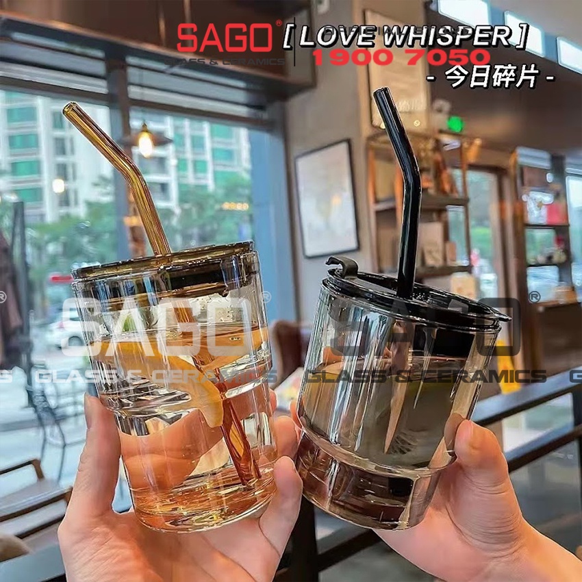 [ Siêu Hot ] Ly Thủy Tinh Hai Tầng INS Water Cup 400ml Có Nắp | Tùy Chọn Có Bao Da và Óng Hút Thủy Tinh