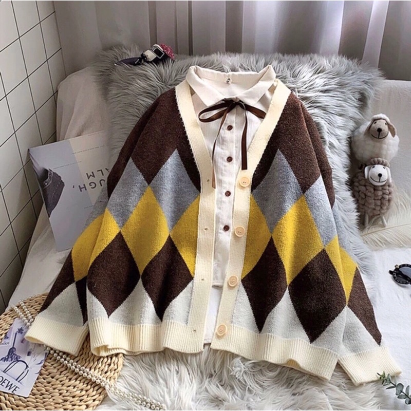 [Ảnh thật] Áo cadigan len hoạ tiết quả trám Quảng Châu - Áo khoác cardigan caro ulzzang
