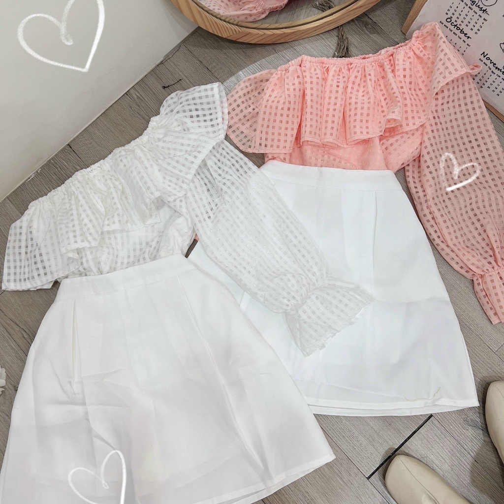 Set áo bèo lệch vai kèm chân váy  trắng trẻ trung, nữ tính