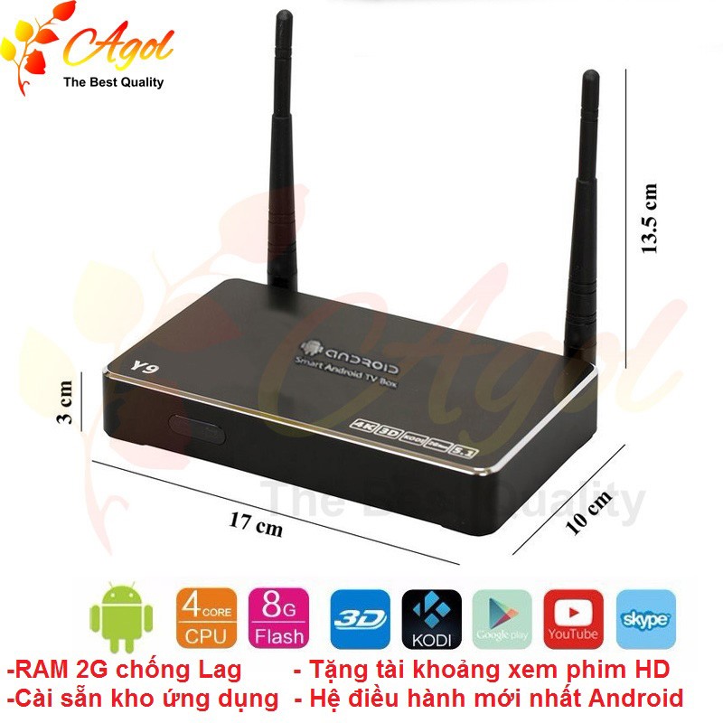 Tivi box Android Y9 Đen bóng RAM 2G hệ điều hành mới tặng chuột wifi