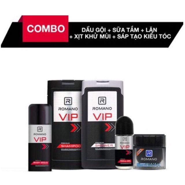 Combo Romano Vip gồm: 1 dầu gội 180g, 1 sữa tắm 180g, 1 xịt 150ml, 1 lăn Vip 50ml  1 wax Romano