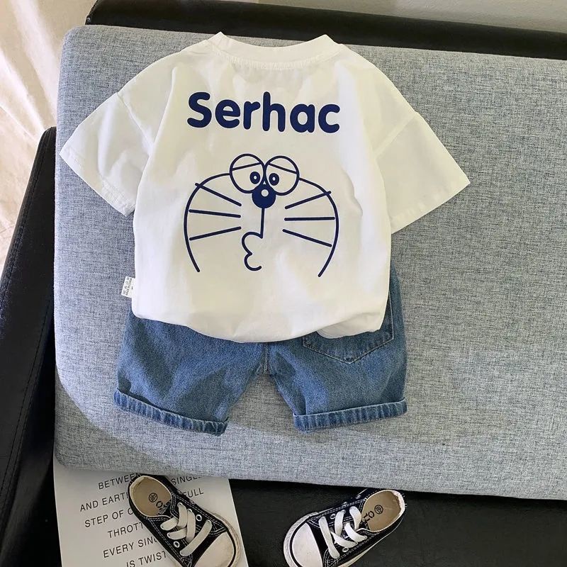 Bộ Áo Thun Cotton Ngắn Tay + Quần Jeans Thời Trang Mùa Hè Phong Cách Mới Dành Cho Bé Trai 2022