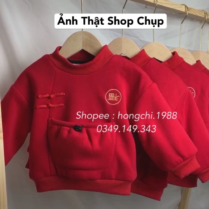 Áo Nỉ Đỏ Cho Bé Gái Đón Tết, Cổ 3p lót lông - Hãng Ambb Kids cho trẻ em 1-7 tuổi (có clip, ảnh thật)