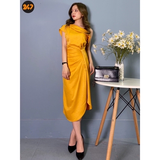 Đầm váy lụa vàng thiết kế lệch vai dự tiệc sang trọng