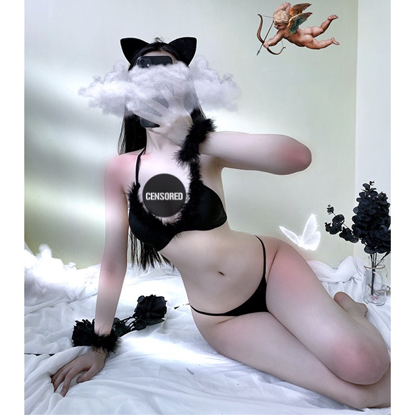 Cosplay mèo đen có đuôi sexy đáng yêu bikini đồ lót miêu nữ anime kèm cài tóc gợi cảm quyến rũ BIKI HOUSE N735 - Hỏa Tốc
