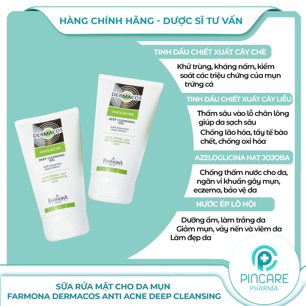 Sữa rửa mặt Dermacos cho da dầu mụn, Dermacos Farmona  Anti Acne Deep Cleansing Gel 150ml - Nhà thuốc PinCare