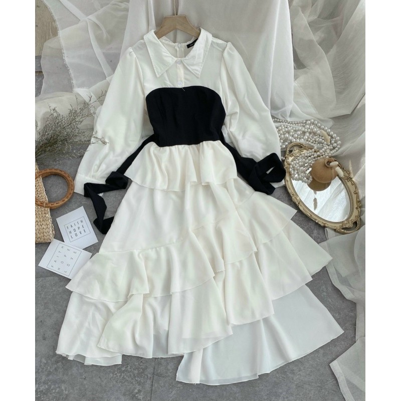 ĐẦM MIDI SMI TRẮNG PHỐI ĐEN VẠT BÈO TẦNG | BigBuy360 - bigbuy360.vn