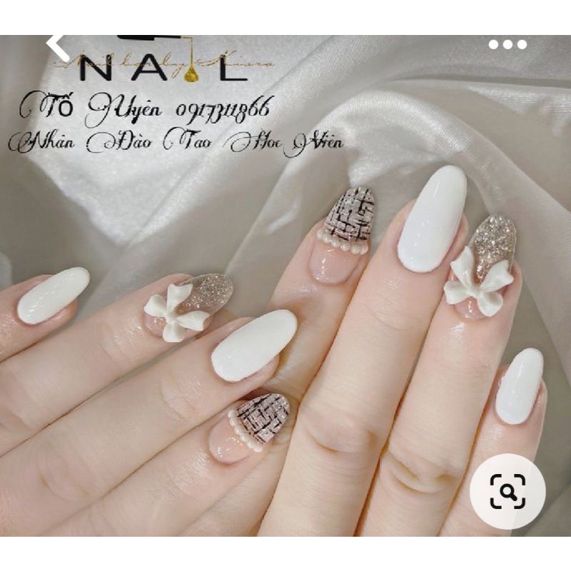Nailbox Nuna móng úp thiết kế móng tay màu trắng phong cách dạ vintage Đan len đính nơ trắng đen