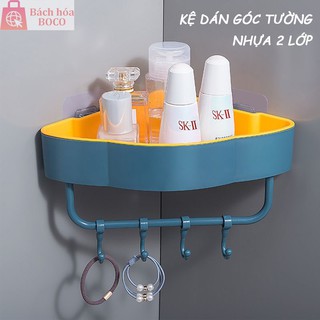 Kệ nhà tắm nhựa dán góc tường có thanh treo khăn và móc treo nhựa cứng 2 lớp chịu lực