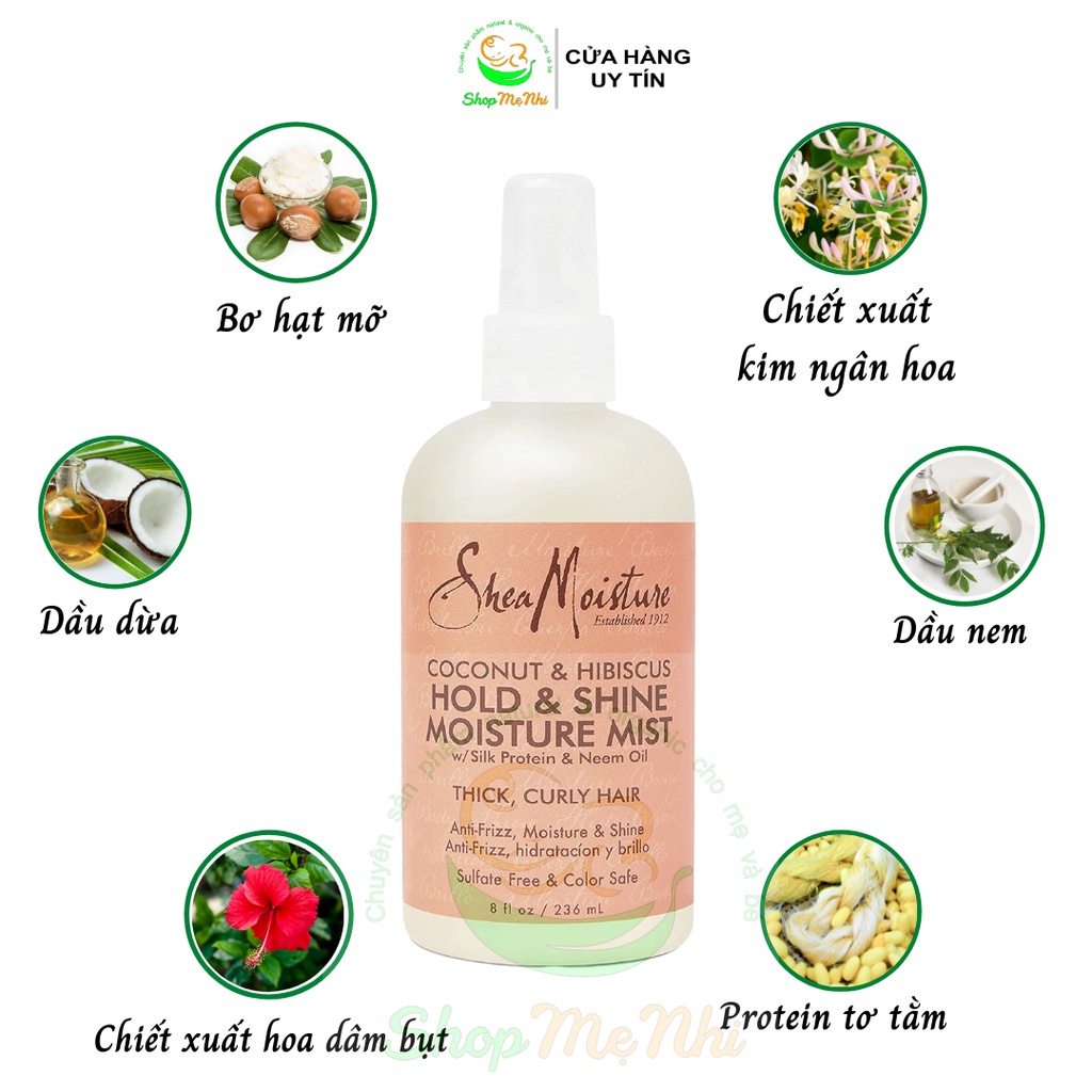 Xịt dưỡng tóc tạo nếp Shea Moisture Coconut & Hibiscus Hold & Shine Mist dưỡng ẩm, giữ nếp và bóng tóc.