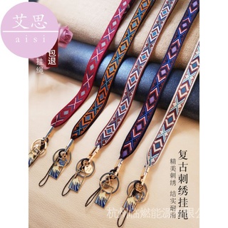 [AISI] Mobile phone lanyard lanyard mobile phone accessories peripheral mobile phone decoration mobile phone lanyard Chinese style lanyard women’s retro embroidery pendant wide-band long ethnic style national fashion exquisite pendant suitable for Apple H