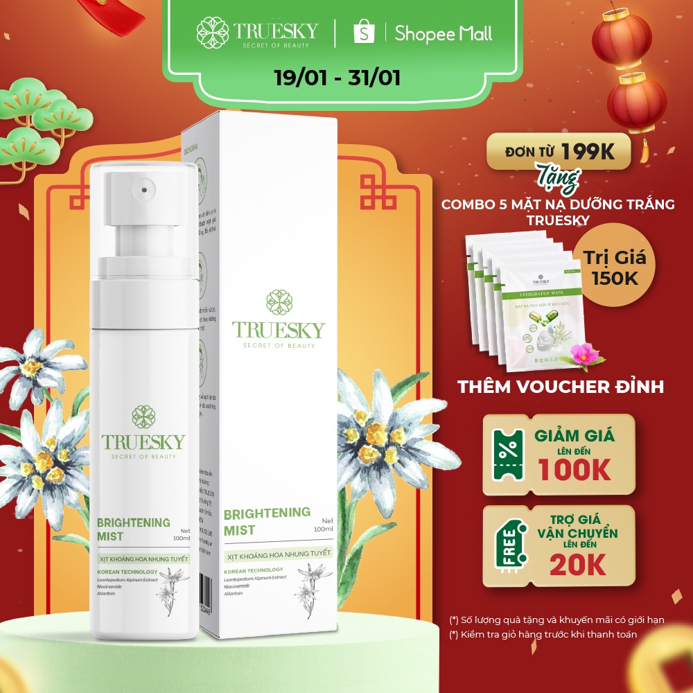 Xịt khoáng hoa nhung tuyết Truesky Brightening Mist giúp dưỡng ẩm và cân bằng độ pH da 100ml