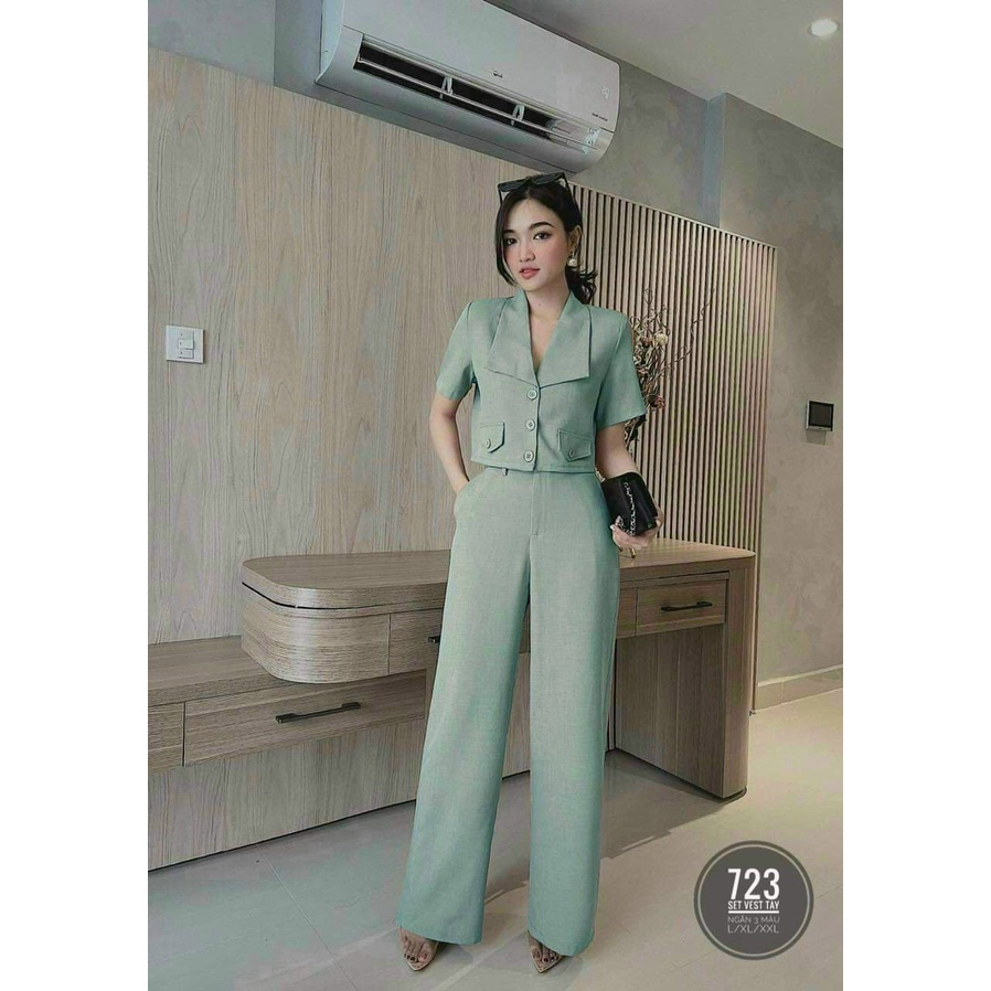 [8.8 Sales Freeship] Set bộ đồ nữ công sở, set áo vest tay ngắn quần dài, set vest nữ 2 món quần suông phối túi dx