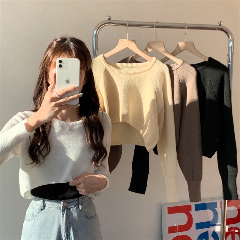 QADCOL Áo khoác ngắn đan dệt kim tay dài thời trang nữ