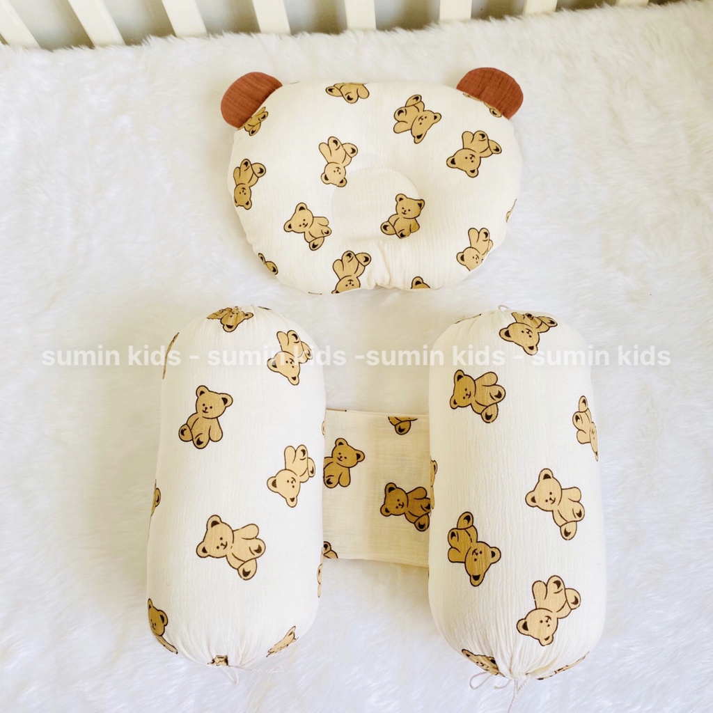Gối cho bé sơ sinh, gối chống bẹp đầu, gối chống méo đầu cho bé vải xô muslin cao cấp SUMIN