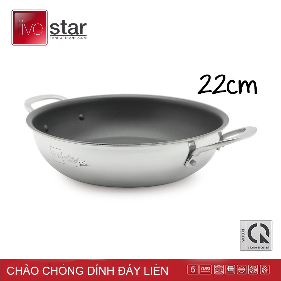 Chảo Chống Dính Inox 2 Quai Đáy Liền Fivestar Plus Đường Kính 22cm - Hàng Chính Hãng, Bảo Hành 5 Năm