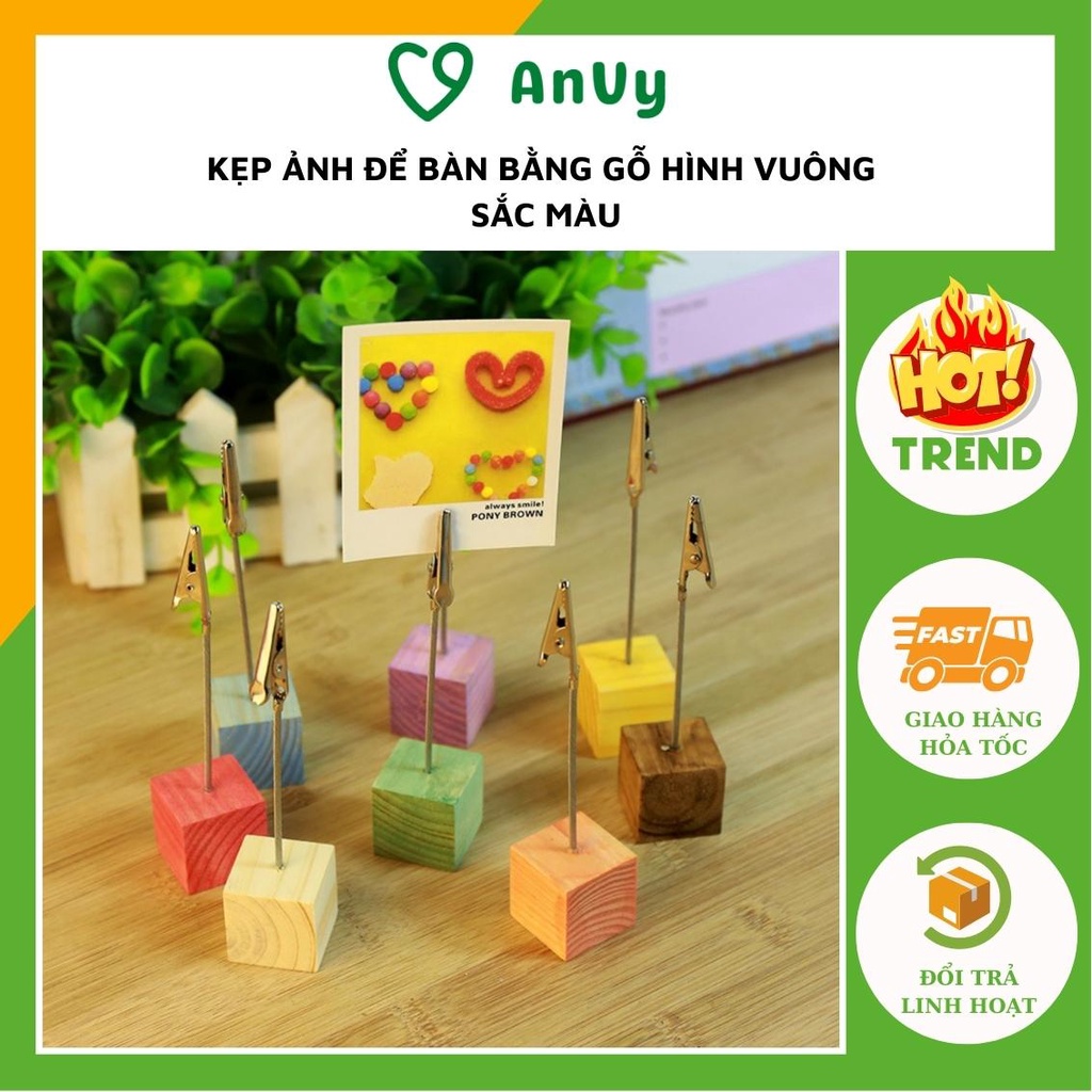 Kẹp ảnh để bàn đế gỗ vuông sắc màu kẹp cardvisit, note, decor bàn làm việc, bàn học, quà tặng ý nghĩa Kho album ảnh AnV