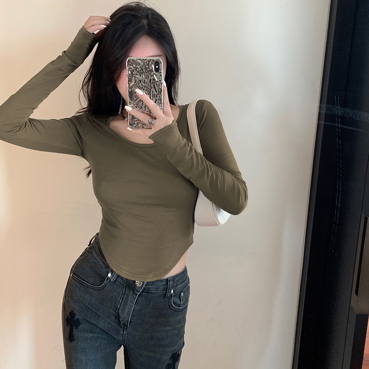 SUXI Áo Thun Tay Dài Cổ Chữ U Màu Sắc Đơn Giản Cho Nữ