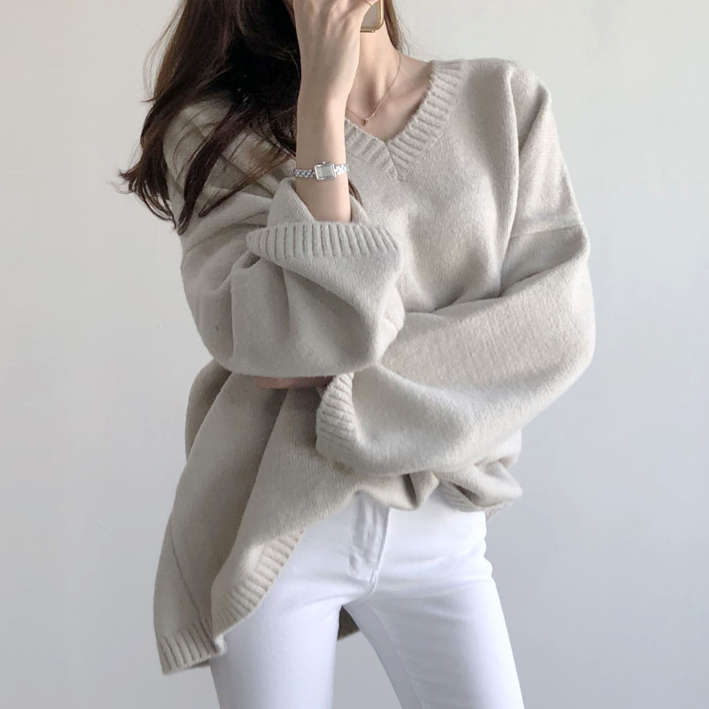 Áo Sweater dáng rộng cổ chữ v màu sắc đơn giản dễ thương cho nữ