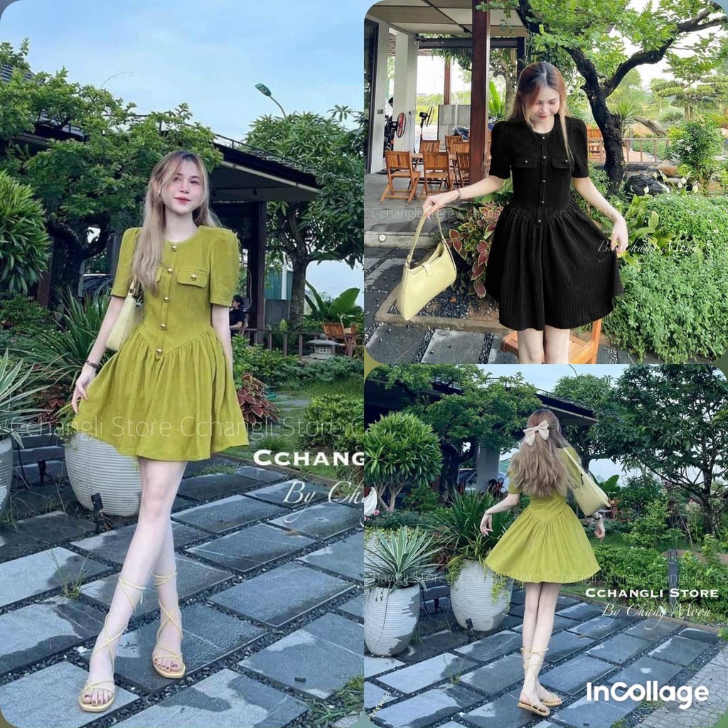 Đầm váy nữ dáng xòe thun gân họa tiết đóng nút 2 màu tiểu thư tôn dáng trẻ trung sang trọng thanh lịch siêu xinh
