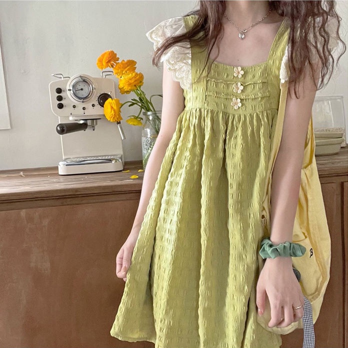 Đầm Chữ A Tay Cánh Tiên In Họa Tiết Hoa Cúc Nhỏ Phối Ren Màu Sắc Ngọt Ngào Dành Cho Nữ